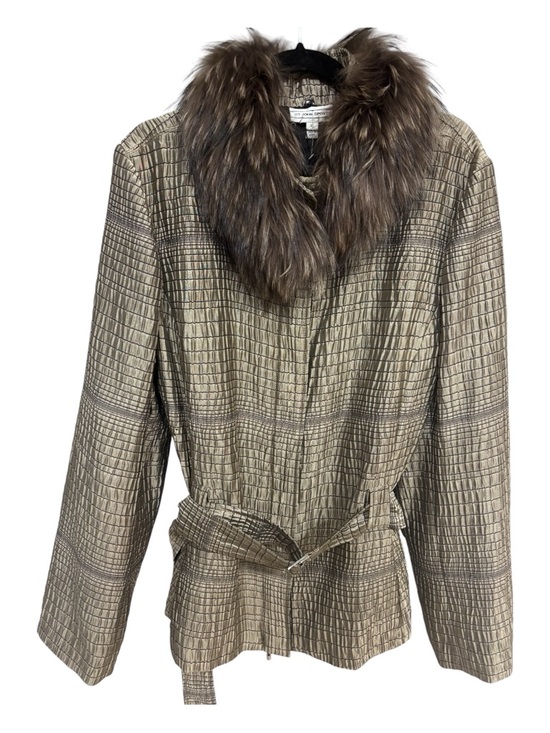St John Sport Jackets & Blazers - NWT St John Sport Sheen Taupe Textured Spring Coat w Raccoon Fur Collar XL (L)